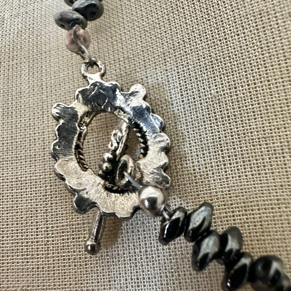 Artisan Hematite Bead Necklace with Electroplated Leaf Pendant - Picture 10 of 13